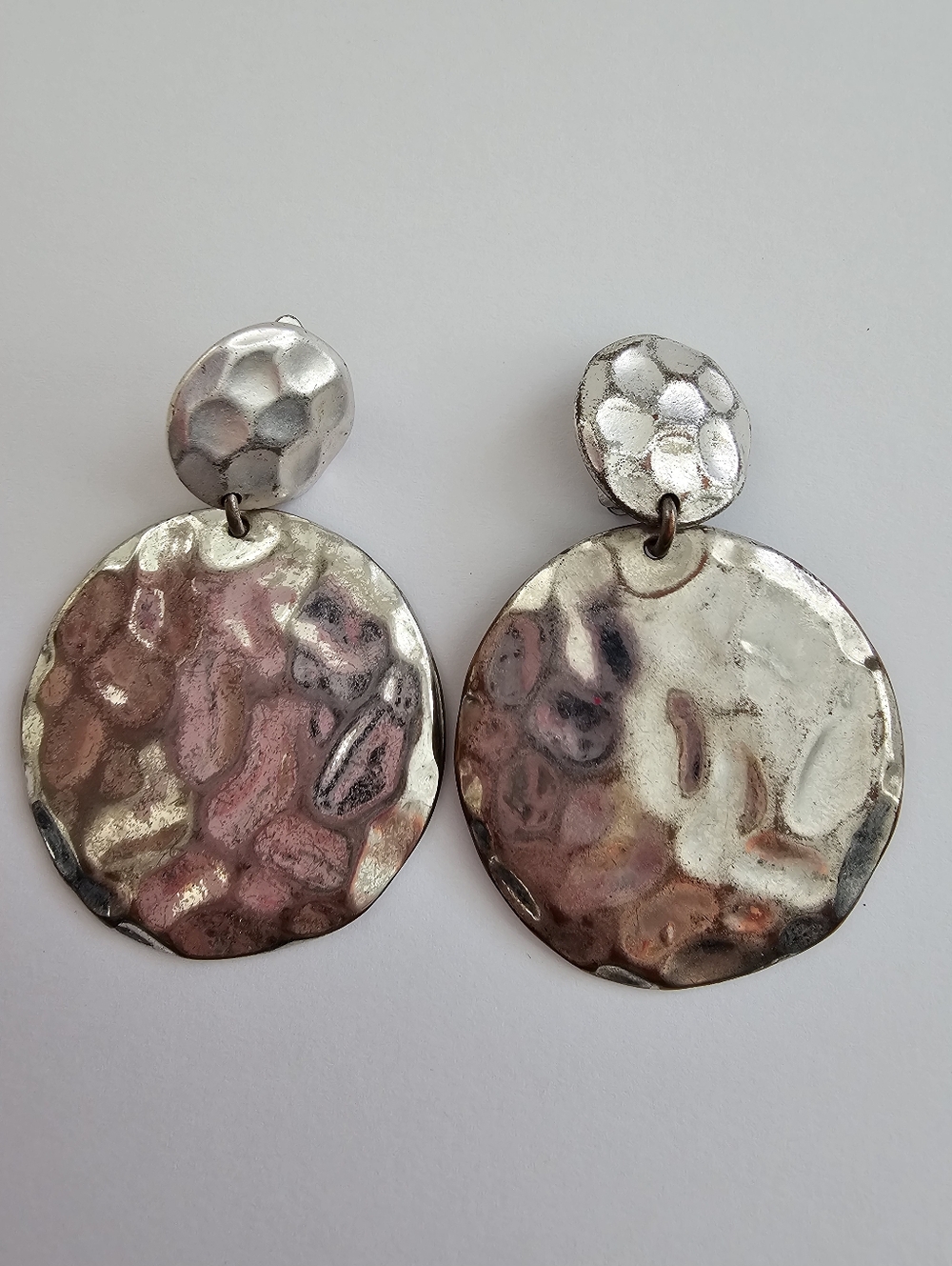Vintage 1980s Hammered Silver Tone Drop Clip-On Earrings - Oversized Martelé